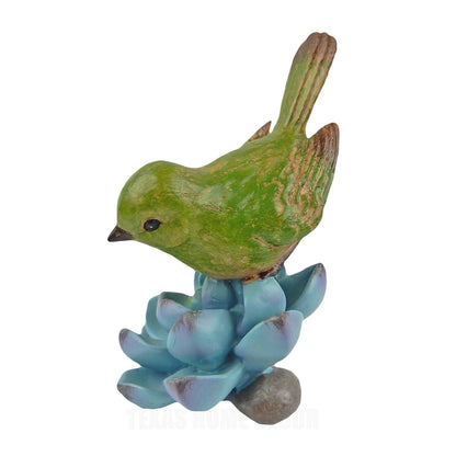 Colorful Green Perching Bird On Succulent Flower Figurine Hand Painted Resin