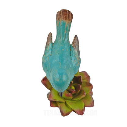 Colorful Perching Bird On Succulent Flower Figurine Hand Painted Resin