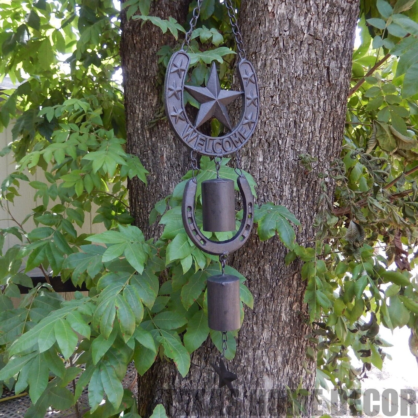 Metal Lucky Horseshoes Stars Welcome Wind Chime Rustic Western Porch Decor