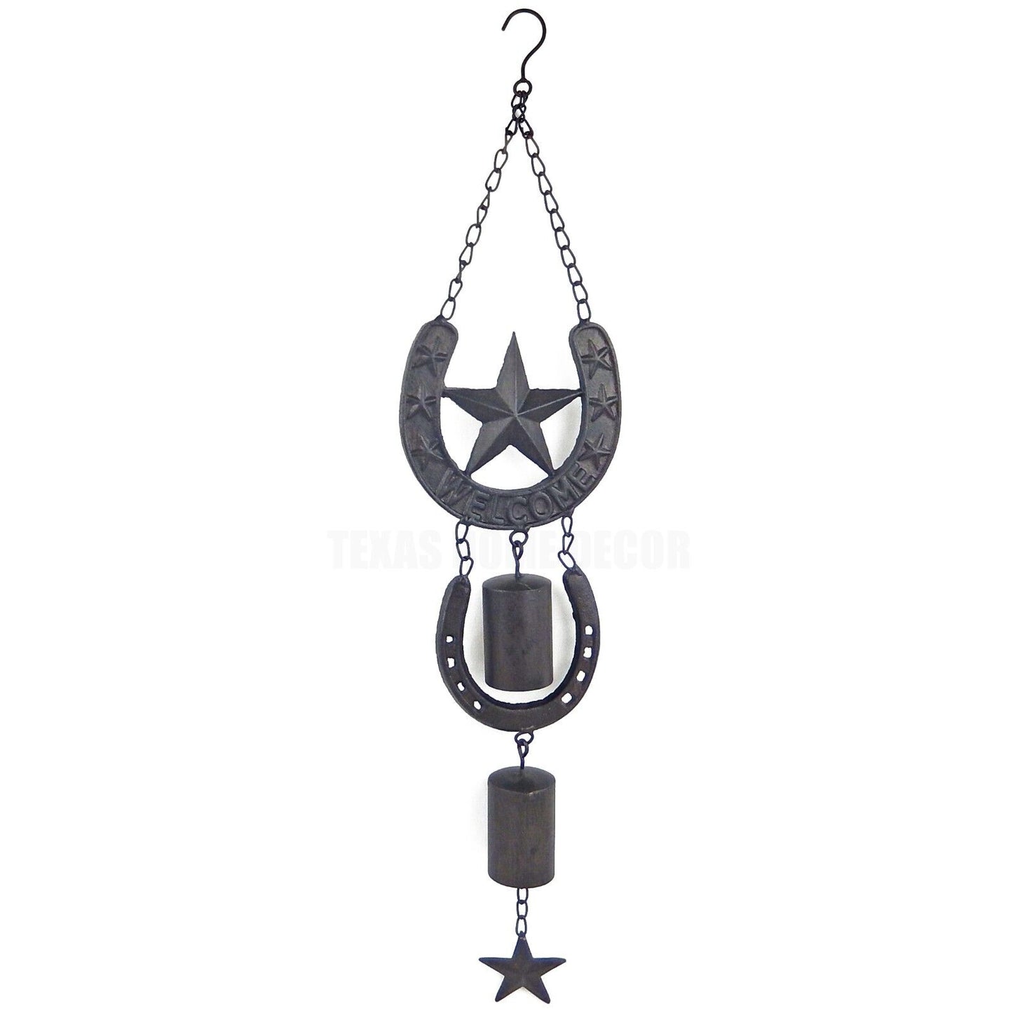 Metal Lucky Horseshoes Stars Welcome Wind Chime Rustic Western Porch Decor