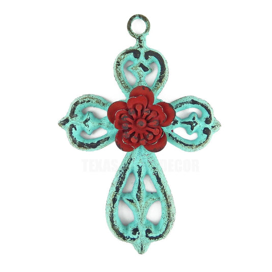 Small Fleur De Lis Red Flower Wall Cross Cast Iron Rustic Turquoise Finish 6.25"