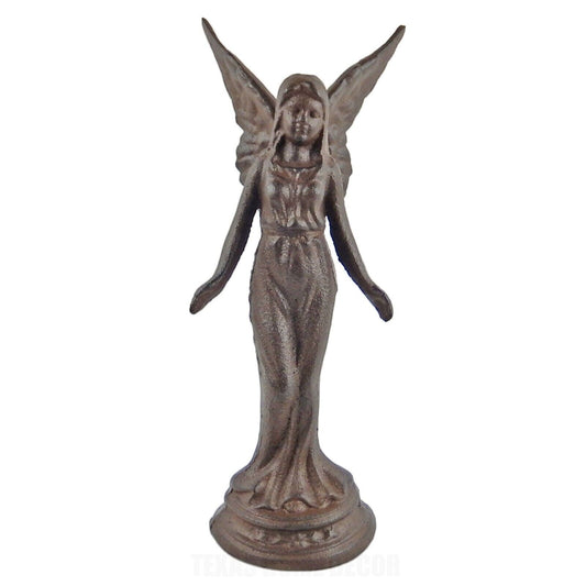 Large Guardian Angel Garden Figurine Statue Cast Iron Antique Brown 14.5 inch