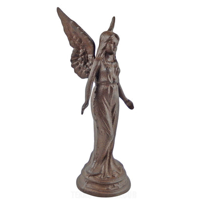 Large Guardian Angel Garden Figurine Statue Cast Iron Antique Brown 14.5 inch