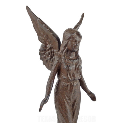 Large Guardian Angel Garden Figurine Statue Cast Iron Antique Brown 14.5 inch