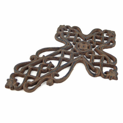 Rustic Lattice Ornate Cast Iron Wall Cross Antique Style Brown Finish 7 x 5 inch