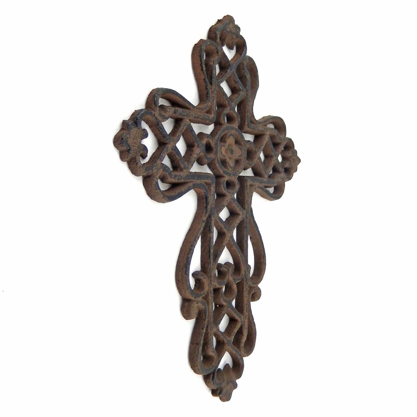 Rustic Lattice Ornate Cast Iron Wall Cross Antique Style Brown Finish 7 x 5 inch