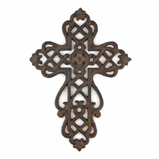 Rustic Lattice Ornate Cast Iron Wall Cross Antique Style Brown Finish 7 x 5 inch