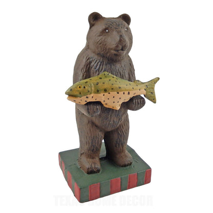 Brown Bear Standing Holding Fish Cast Iron Statue Hand Painted Cabin Decor 7.75"