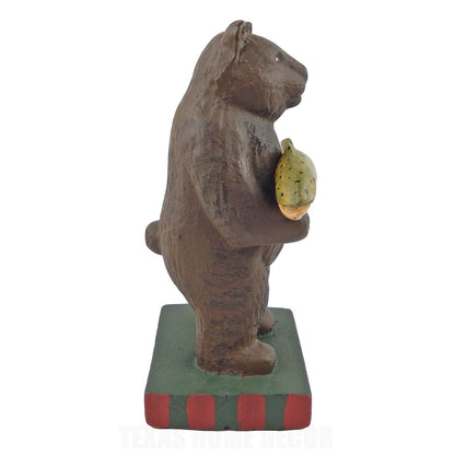 Brown Bear Standing Holding Fish Cast Iron Statue Hand Painted Cabin Decor 7.75"