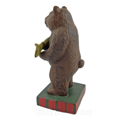 Brown Bear Standing Holding Fish Cast Iron Statue Hand Painted Cabin Decor 7.75"