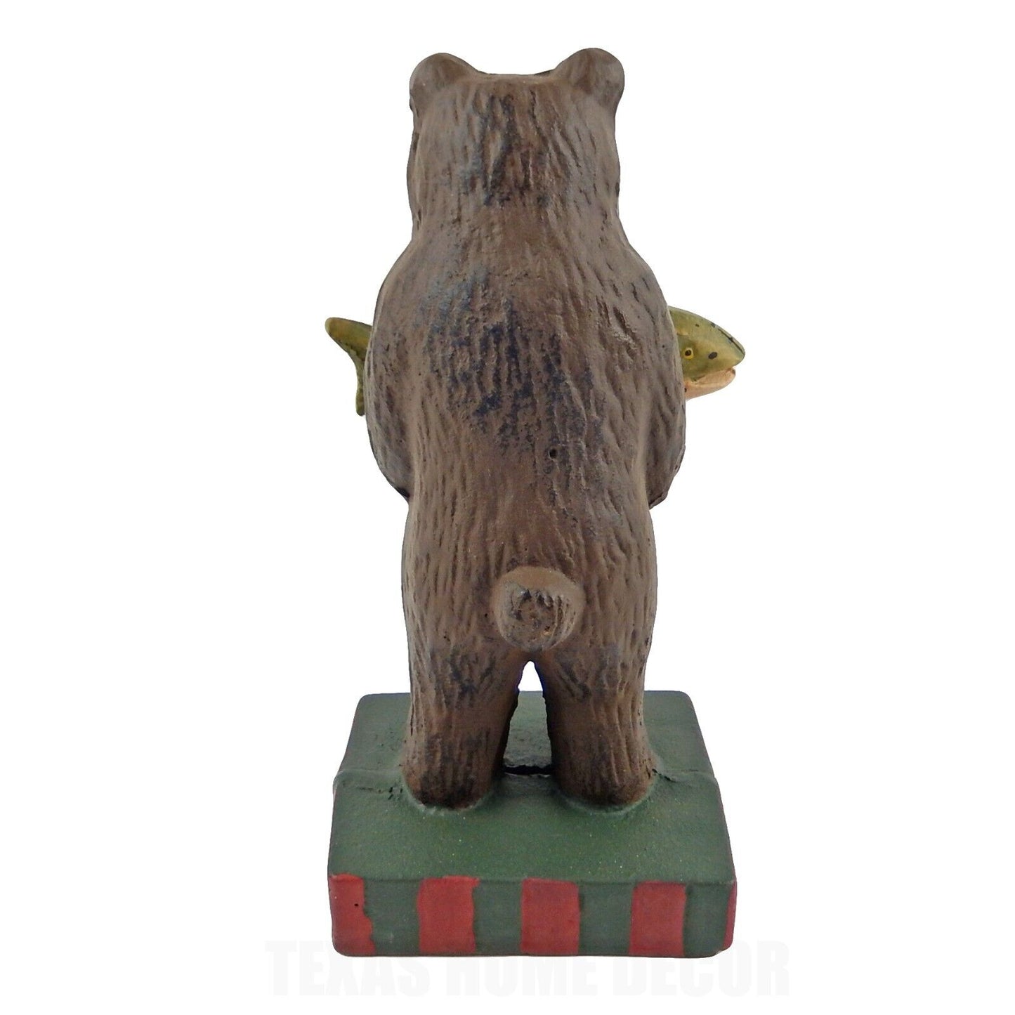 Brown Bear Standing Holding Fish Cast Iron Statue Hand Painted Cabin Decor 7.75"