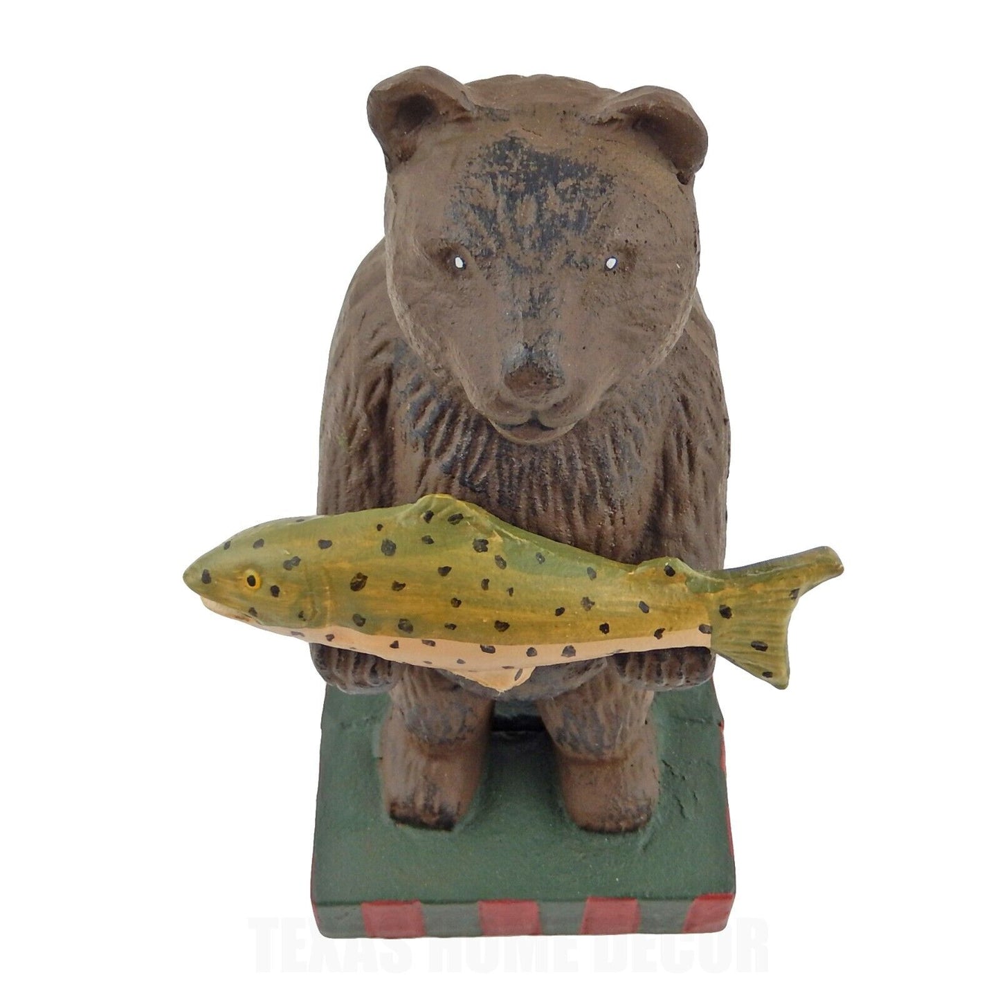 Brown Bear Standing Holding Fish Cast Iron Statue Hand Painted Cabin Decor 7.75"