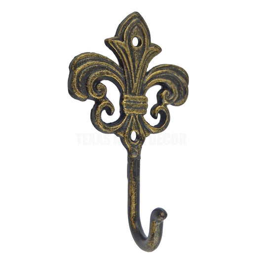 Fleur De Lis Wall Hook Cast Iron Key Towel Coat Hanger Rustic Gold Finish