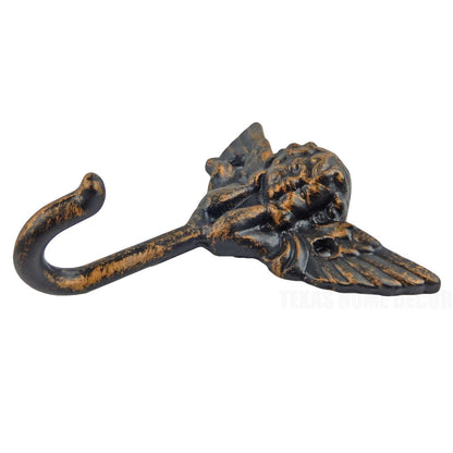 Metal Angel Cherub Wall Hook Cast Iron Key Towel Coat Hanger Rustic Gold Finish