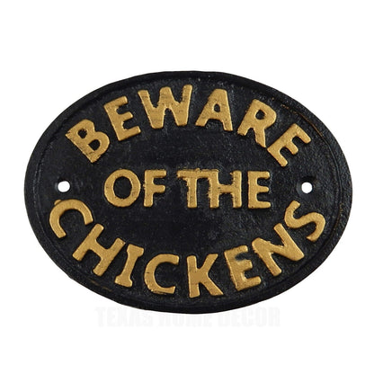 Beware of The Chickens Cast Iron Plaque Sign Wall Mounted Black & Gold 4 3/4 in