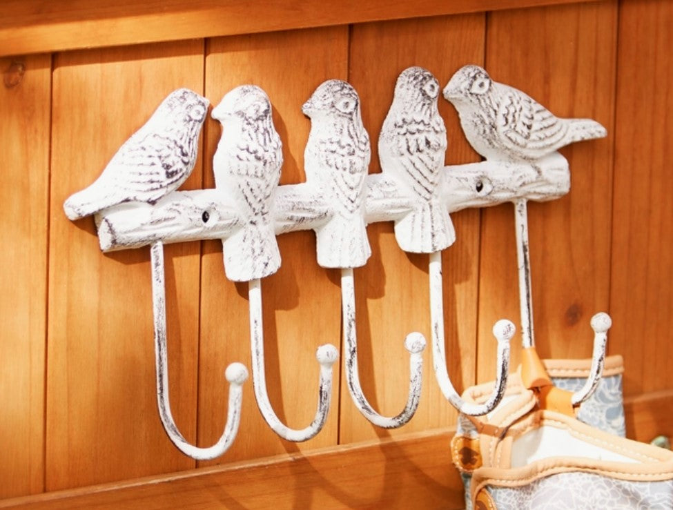 Shabby White Cast Iron Birds On Branch Wall Hook Rack Key Towel Coat Hanger