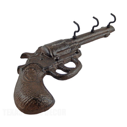 Pistol Revolver Wall Hook Key Rack Cast Iron Western Home Decor Rustic Brown