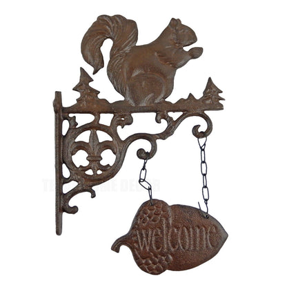 Squirrel with Acorn Scrolls Welcome Hanging Porch Sign Fleur De Lis Rustic Brown