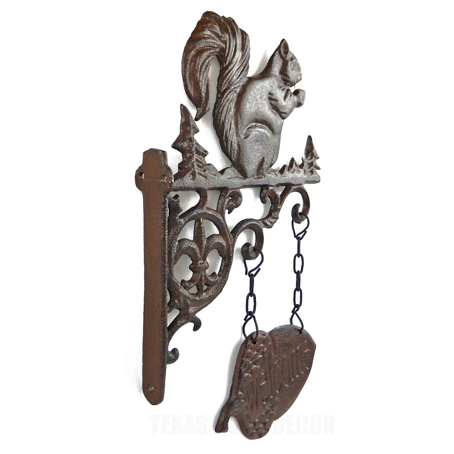 Squirrel with Acorn Scrolls Welcome Hanging Porch Sign Fleur De Lis Rustic Brown