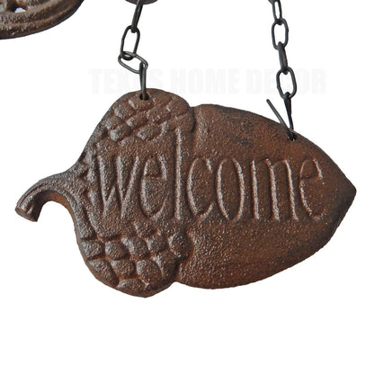 Squirrel with Acorn Scrolls Welcome Hanging Porch Sign Fleur De Lis Rustic Brown