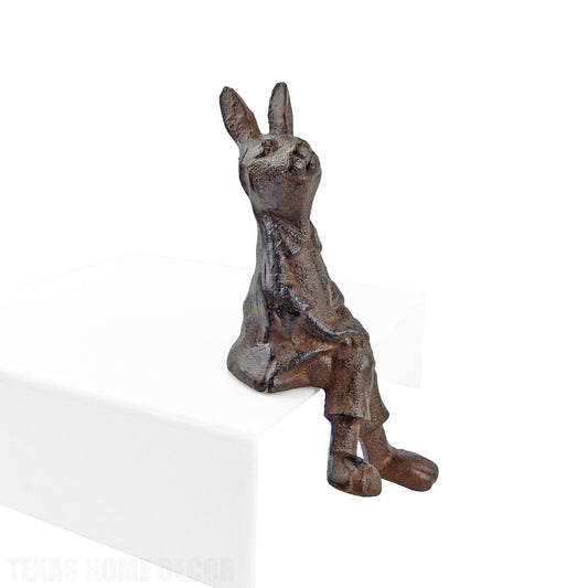 Dressed Rabbit Shelf Ledge Sitter Figurine Cast Iron Rustic Antique Brown