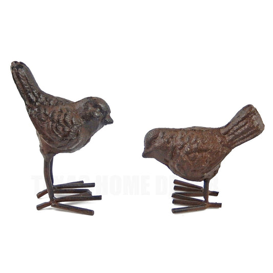 Set of 2 Small Bird Figurines Statues Rustic Cast Iron Garden Yard Home Decor