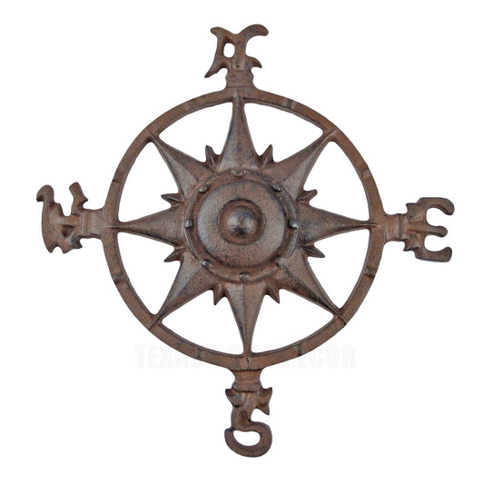 Nautical Star Rose Compass Cast Iron Beach House Wall Decor Rustic Brown