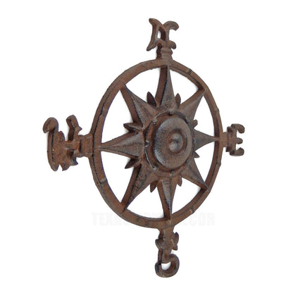 Nautical Star Rose Compass Cast Iron Beach House Wall Decor Rustic Brown