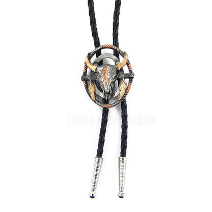 Steer Cow Skull Feathers Bolo Tie Black 36 in Braided Cord Tricolor Made in USA