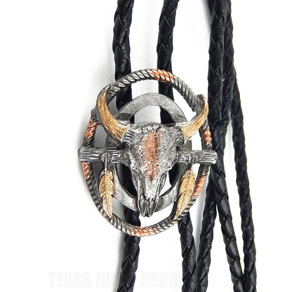 Steer Cow Skull Feathers Bolo Tie Black 36 in Braided Cord Tricolor Made in USA