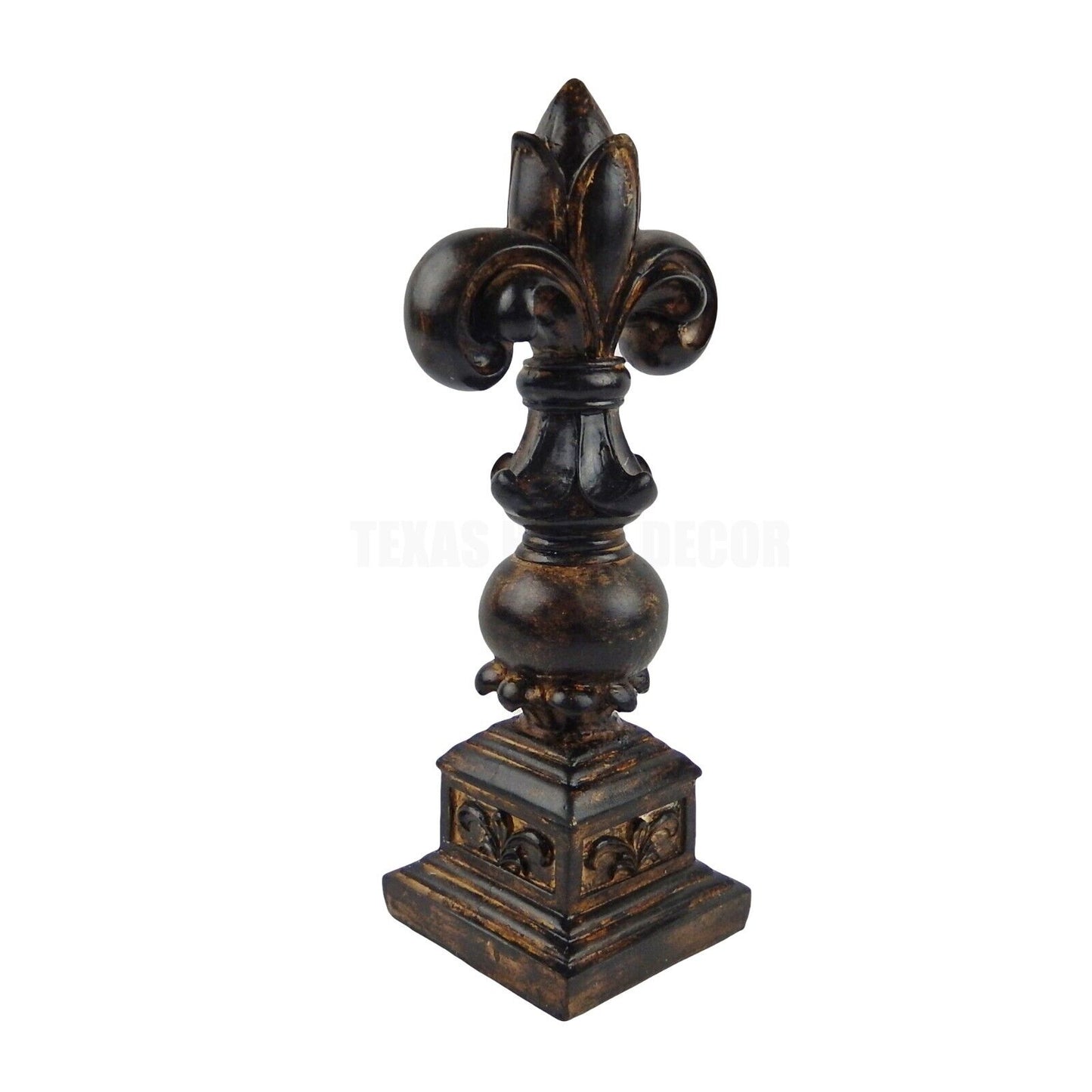 Fleur De Lis Standing Finial Statue Square Base Shelf Mantel Decor Brushed Brown