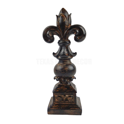 Fleur De Lis Standing Finial Statue Square Base Shelf Mantel Decor Brushed Brown