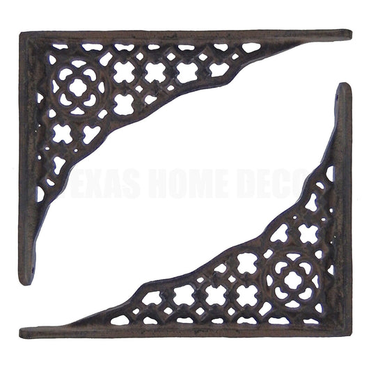 2 Cast Iron Lattice Shelf Brackets Rustic Brown Antique Style 8 1/4 x 6 1/2 in