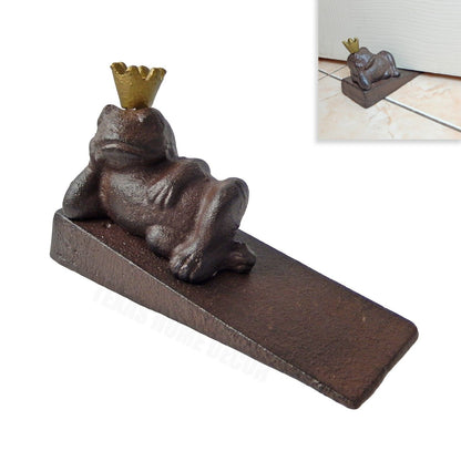 Frog Prince With Golden Crown Cast Iron Doorstop Wedge Rustic Brown