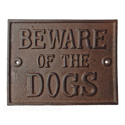 Beware Of The Dogs Cast Iron Fence Plaque Sign Heavy Duty Rustic Brown 9 x 7 in