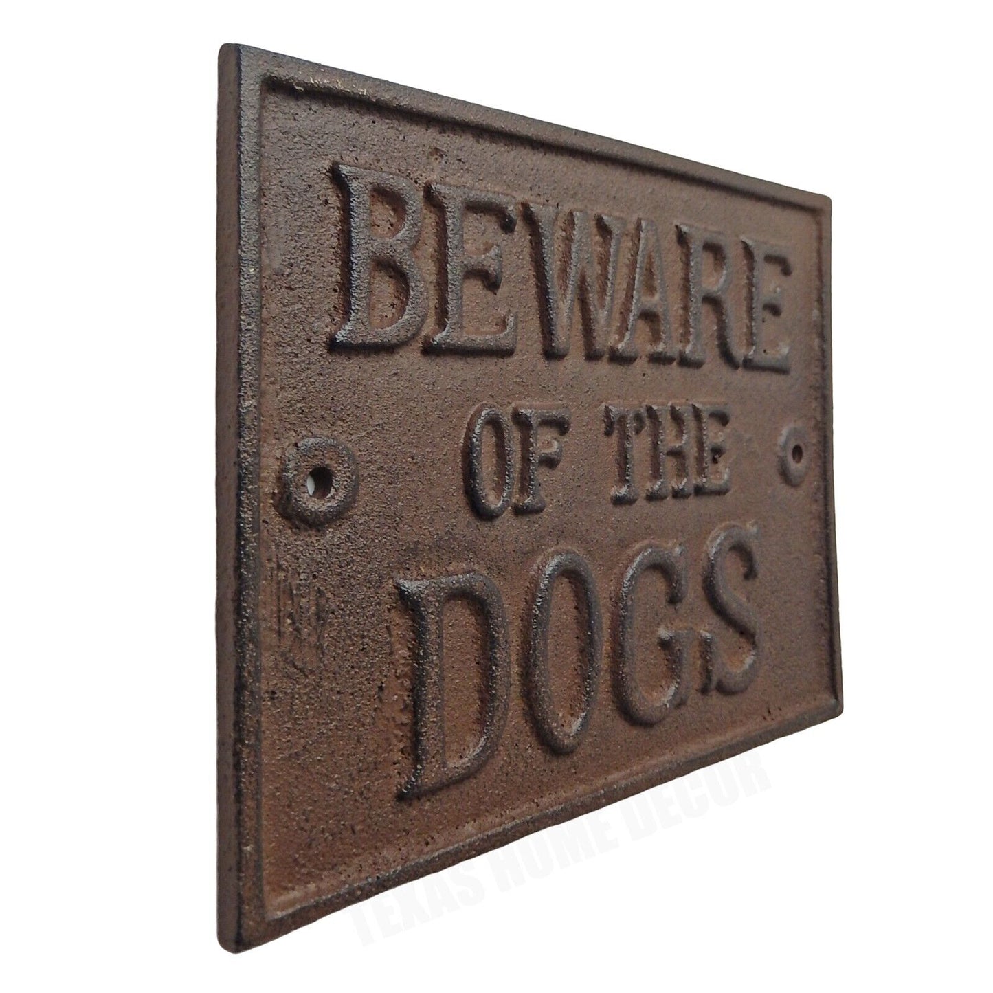 Beware Of The Dogs Cast Iron Fence Plaque Sign Heavy Duty Rustic Brown 9 x 7 in