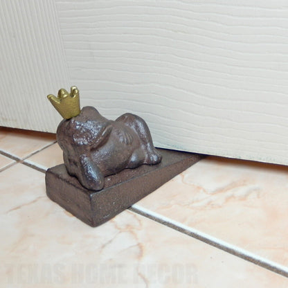 Frog Prince With Golden Crown Cast Iron Doorstop Wedge Rustic Brown