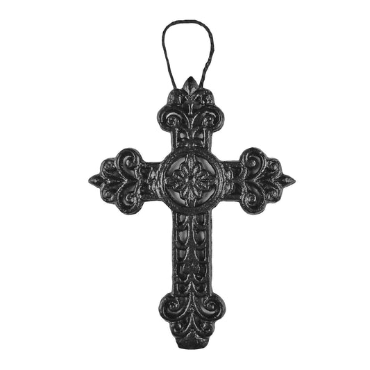 Small Cast Iron Fleur De Lis Vines Wall Cross Hanging Rope Glossy Black 5 1/2 in