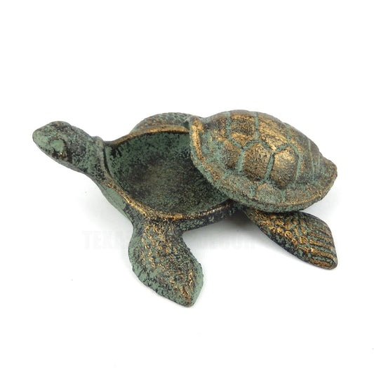 Sea Turtle Shell Keepsake Box Key Hider Figurine Verdigris Green Gold Cast Iron