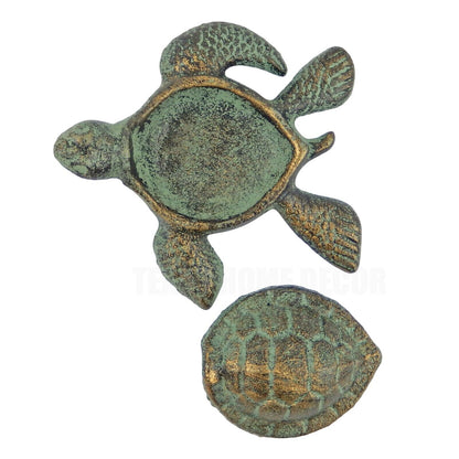 Sea Turtle Shell Keepsake Box Key Hider Figurine Verdigris Green Gold Cast Iron