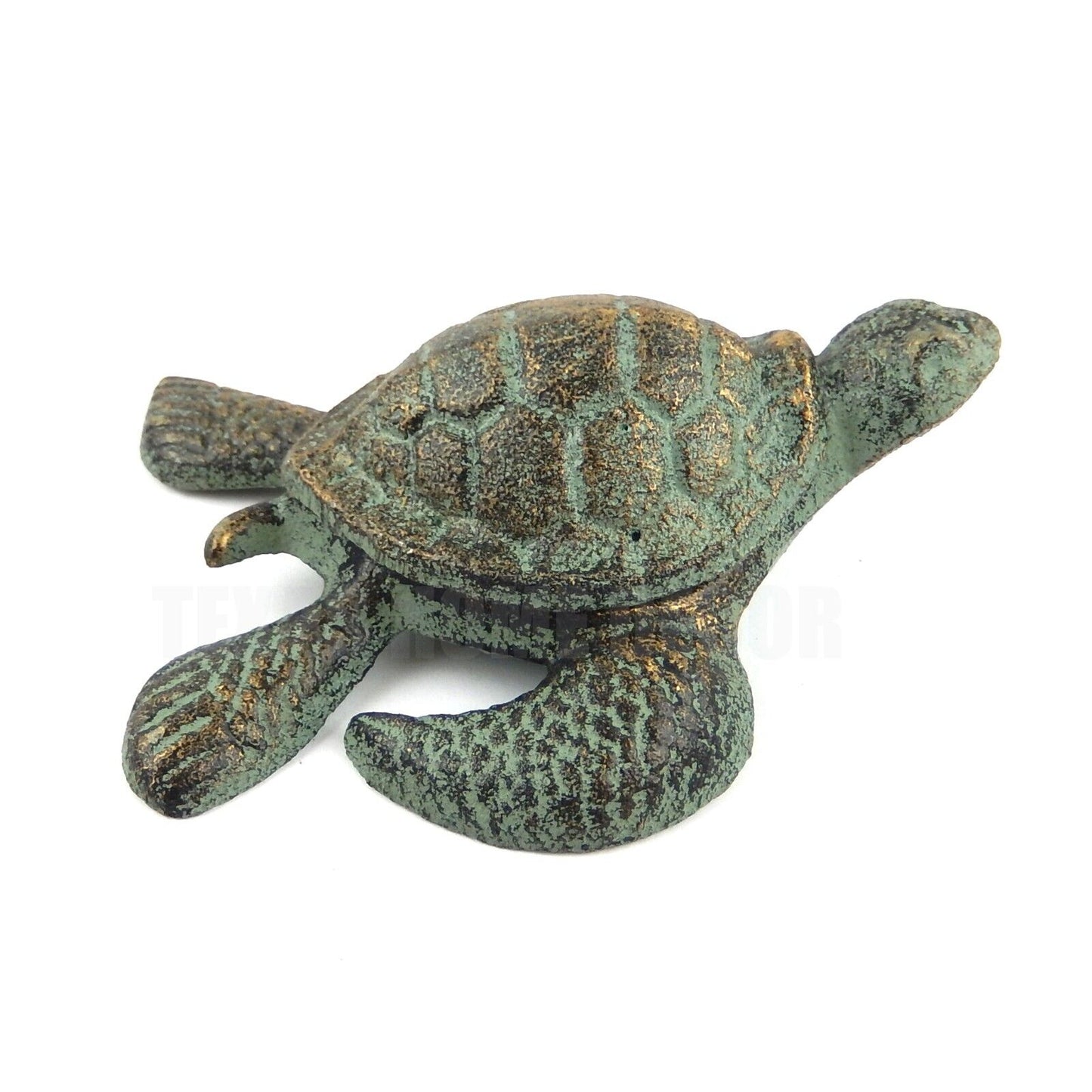 Sea Turtle Shell Keepsake Box Key Hider Figurine Verdigris Green Gold Cast Iron