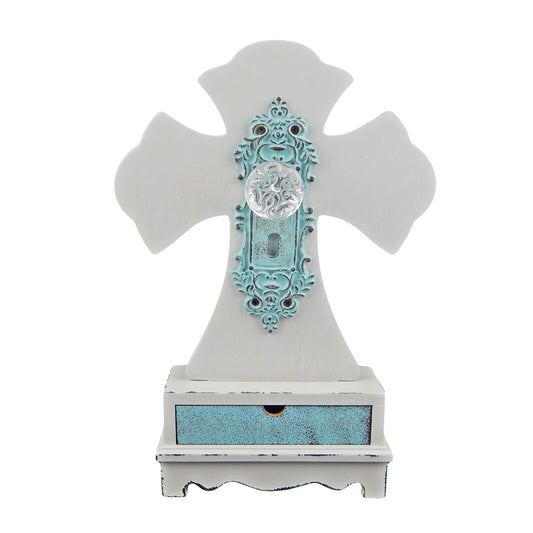 MDF Standing Table Cross With Keepsake Drawer Light Blue Door Plate Knob Accent