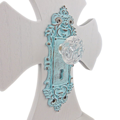 MDF Standing Table Cross With Keepsake Drawer Light Blue Door Plate Knob Accent