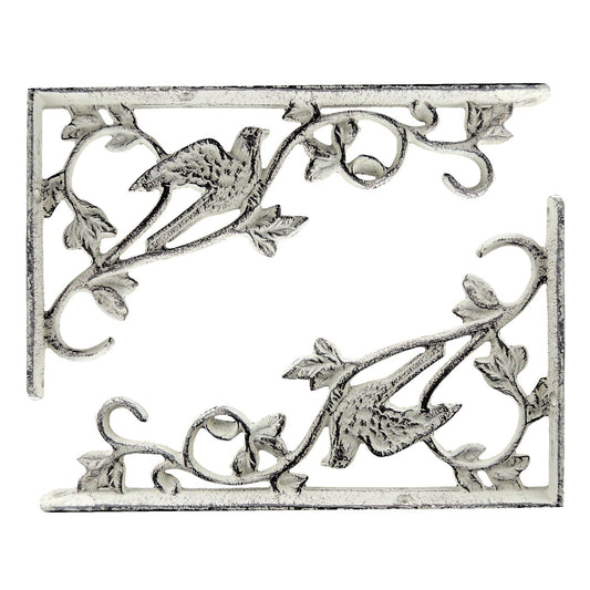 2 Large Bird Vines Scrolls Shelf Brackets Cast Iron Rustic Off-White 12 1/4 x 7"