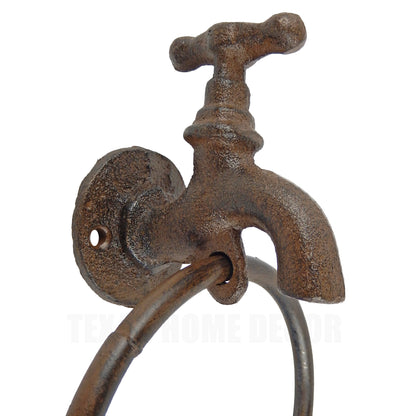 Faucet Towel Ring Hanger Rustic Cast Iron Antique Style Wall Mounted Spigot