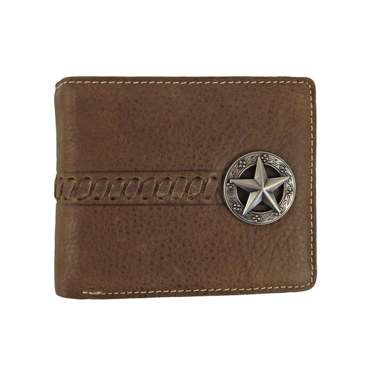 Star Concho Men's Wallet Bi-Fold Genuine Leather Stitch Accents Black Brown