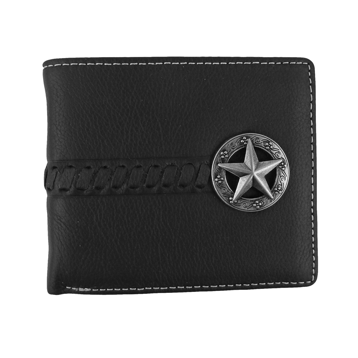 Star Concho Men's Wallet Bi-Fold Genuine Leather Stitch Accents Black Brown