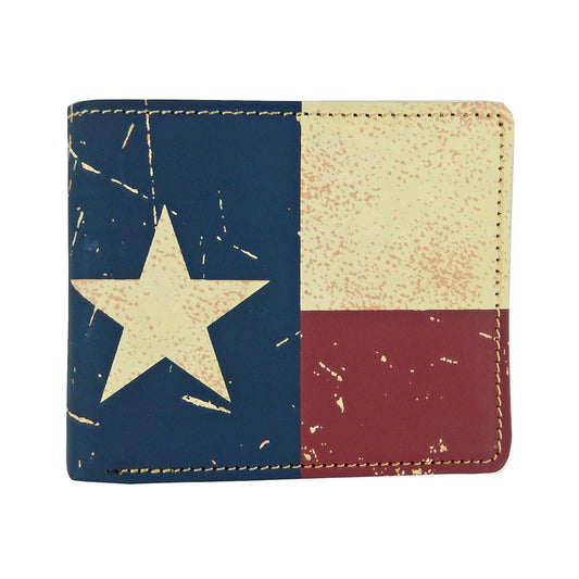 Texas Flag Star Western Bi-Fold Men's Wallet Genuine Navy Leather Weathered