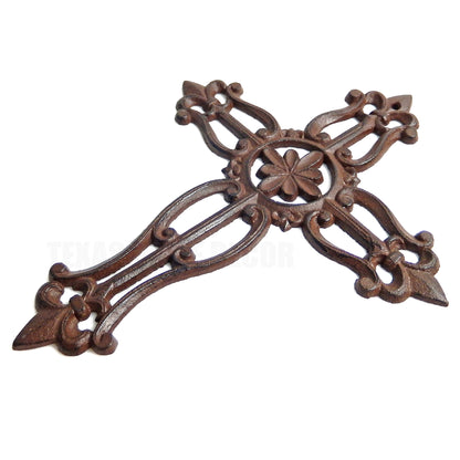 Fleur De Lis Cast Iron Wall Cross Center Flower Scrolls Design Victorian Decor