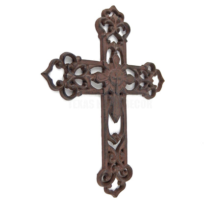 Fleur De Lis Decorative Wall Cross Layered Style Scrolls Rustic Cast Iron 11x8"